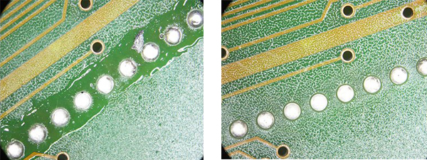 Hình ảnh trước và sau khi làm sạch chất gây cháy trên bảng mạch in (PCB) sau khi hàn tay