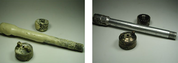 Hình ảnh trước và sau khi làm sạch keo Polyurethan trên chi tiết thiết bị nấu keo